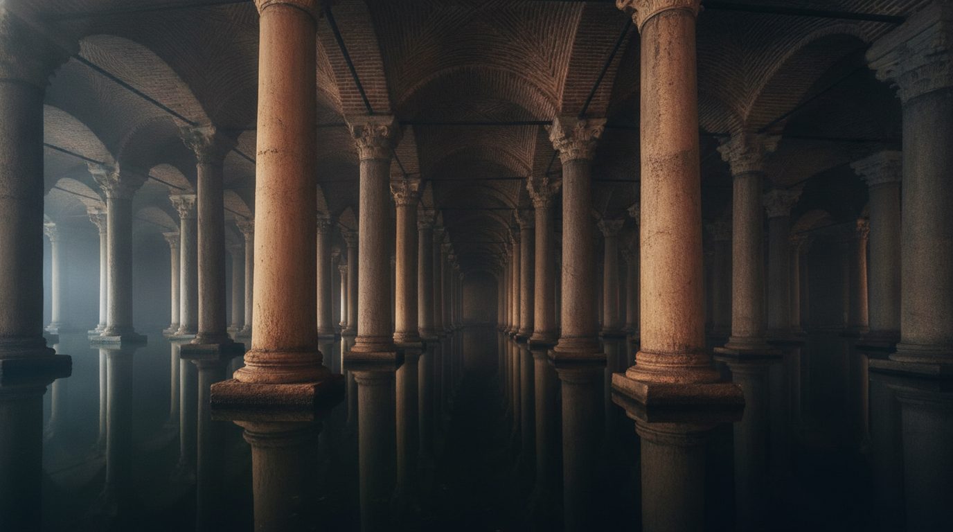 Byzantine herringbone brick vaults of the Basilica Cistern rising above weathered marble columns lit in amber