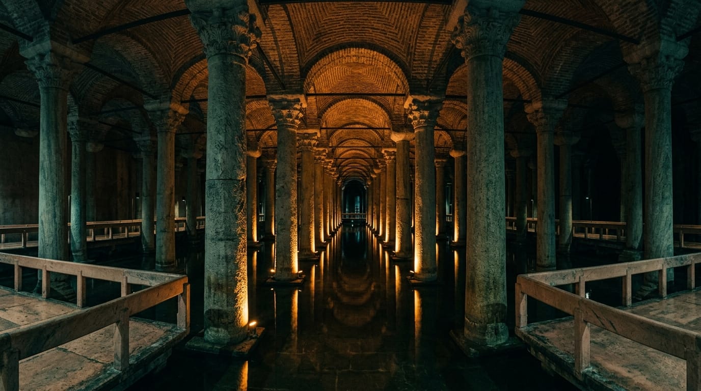 Wide view of the Basilica Cistern in Istanbul: rows of marble columns rising from dark water under brick vaults, lit in amber