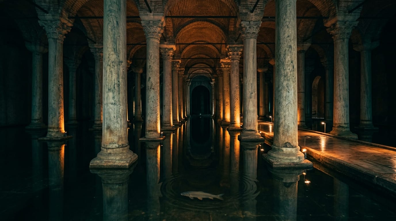 Marble columns of the Basilica Cistern mirrored in still, shallow water, with warm light pooling around their bases