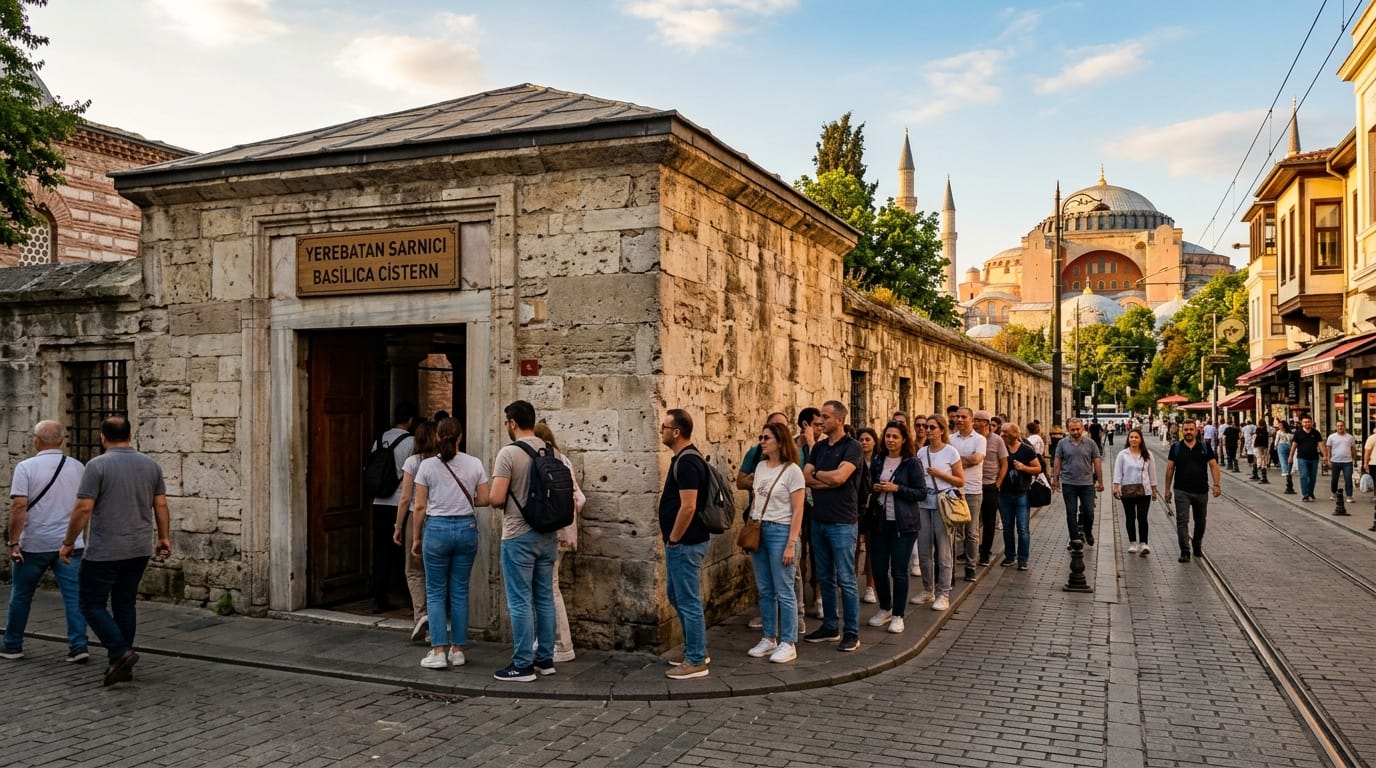 Street entrance of the Basilica Cistern on Yerebatan Caddesi in Sultanahmet, Istanbul, with visitors outside