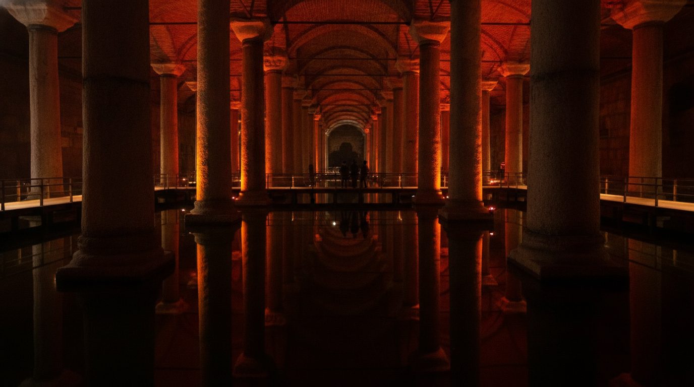 Columns of the Basilica Cistern bathed in deep red and amber theatrical lighting during the evening programme, mirrored in still water
