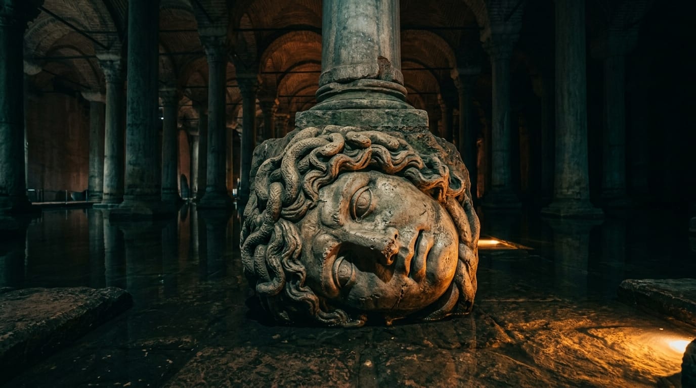 Carved marble Medusa head lying sideways as a column base in the Basilica Cistern, lit by amber light above dark water