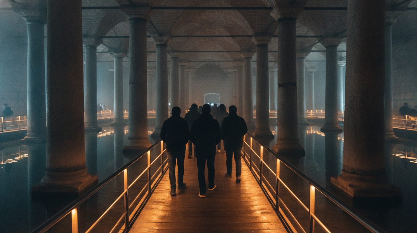 Visitors walking the raised walkway between amber-lit marble columns inside the Basilica Cistern
