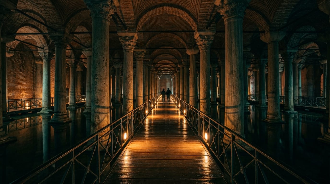 Raised walkway leading through rows of marble columns inside the Basilica Cistern, lit in warm amber