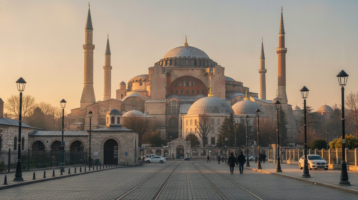Hagia Sophia at golden hour across the tram street from the Basilica Cistern entrance in Sultanahmet, Istanbul